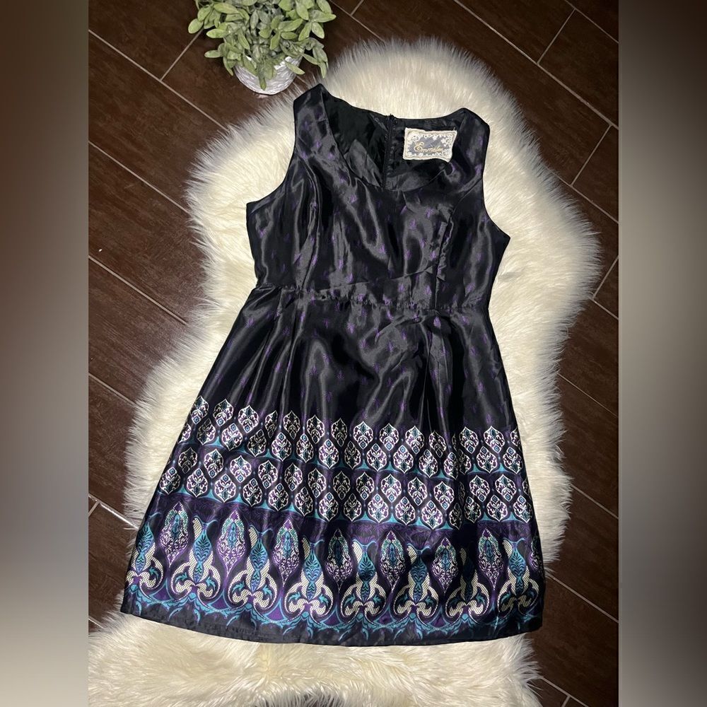 Emmelee Black/Purple/Green Print Sleeveless Kneelength Dress sz Medium
